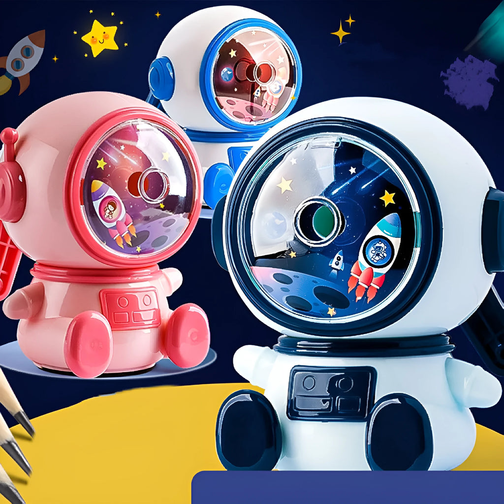 Blue cartoon astronaut manual pencil sharpener with anti-lead feature and adjustable levels