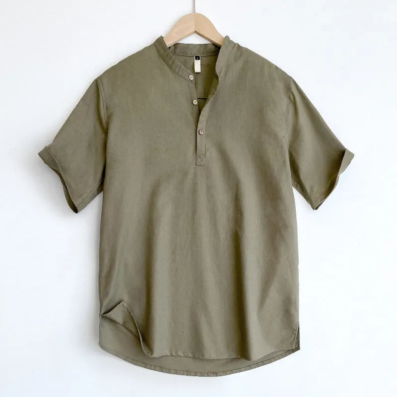 Men's thin linen and cotton short sleeve t-shirt in solid colours: optic linen, white, grey green, black.