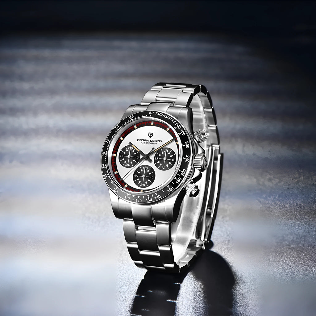 Men's quartz chronograph watch with stainless steel bracelet and 40mm black dial