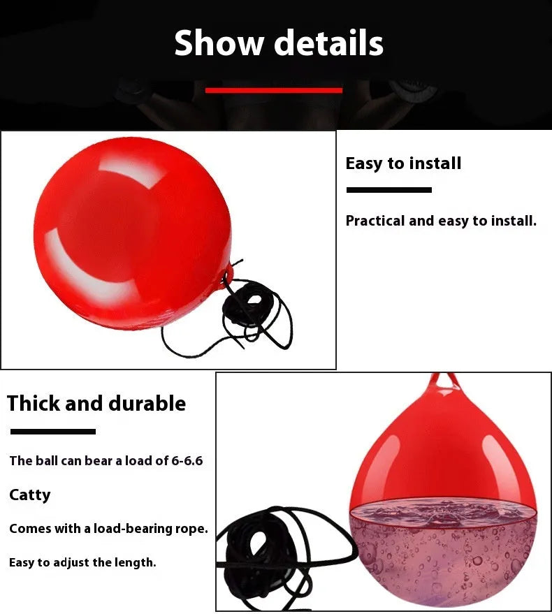 Red water-filled boxing reaction ball with hook rope for hanging installation