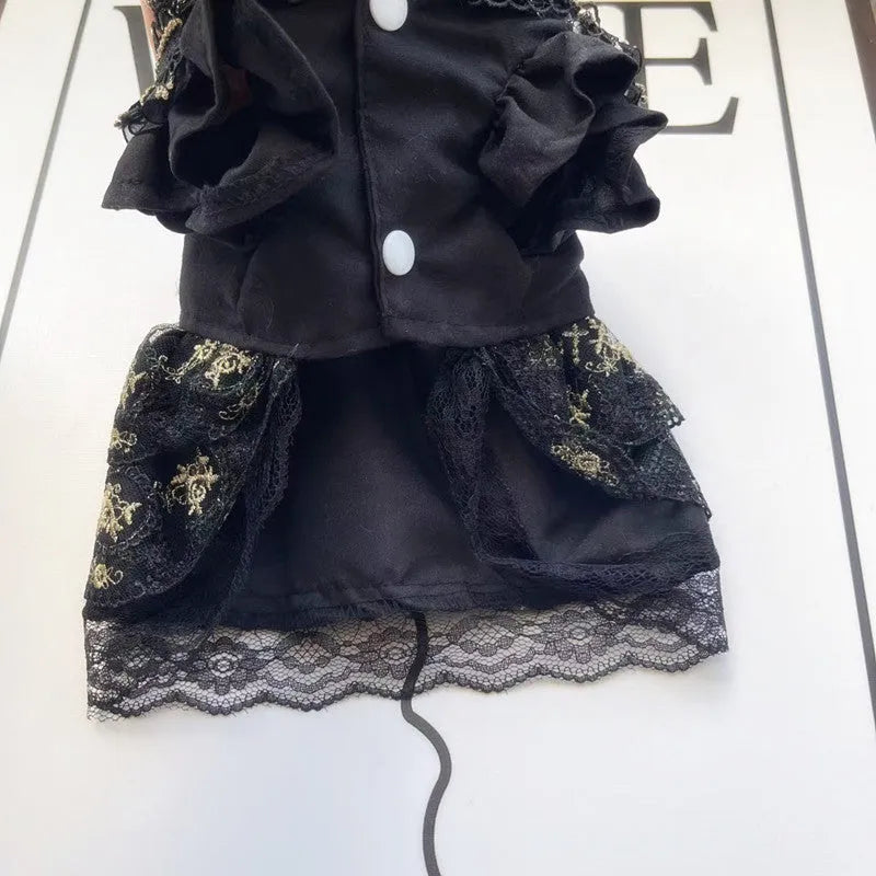Golden Gothic-style princess skirt costume on a small dog, showing detailed sizing for pet clothing.