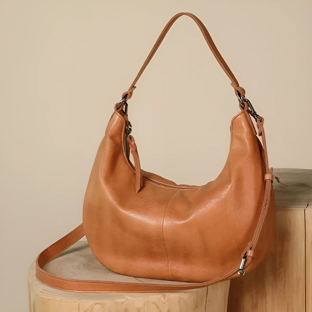 Cortical women's spliced casual crossbody bag in top grain leather, yellowish brown with khaki, dumpling shape, 30x7x19cm