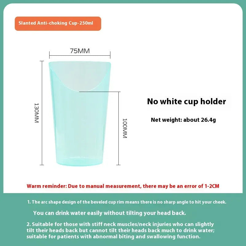 Adult polypropylene drinking cup with oblique choke-proof spout, lid, handle, and optional wrist splint.