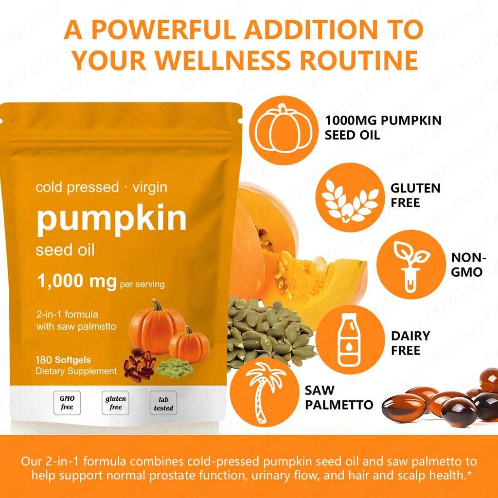 Pumpkin seed oil softgels with saw palmetto, 180 count bottle, oval 2 cm softgels, 60 servings