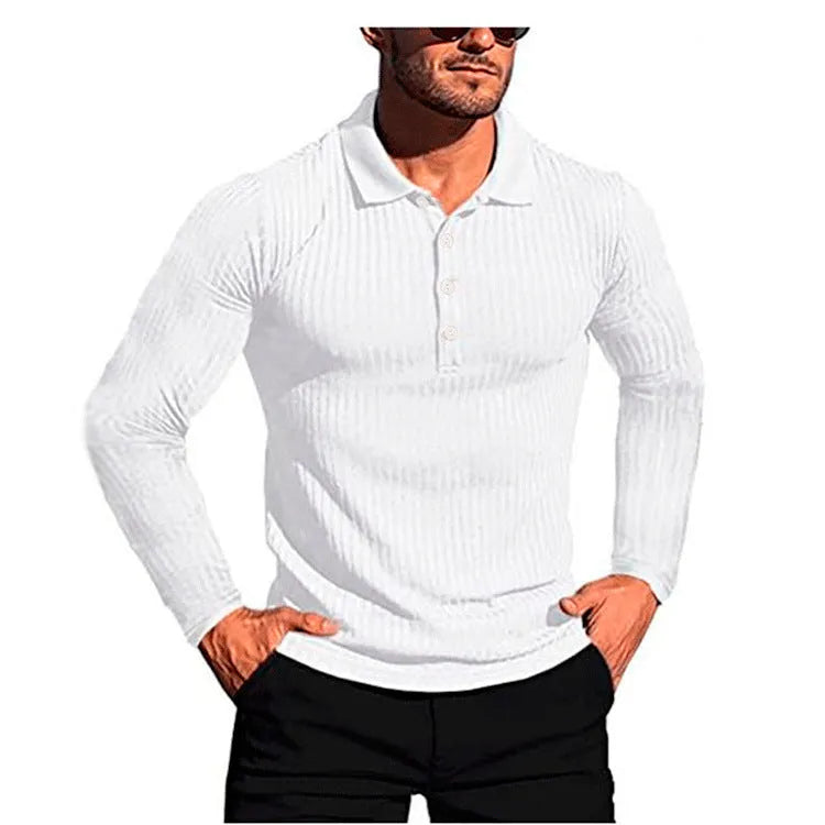 Man wearing a loose-fit striped knit shirt in army green, short sleeves, showcasing elasticity.