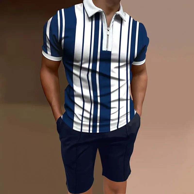 Men's casual printed short sleeve top and matching shorts two-piece set in various colours.