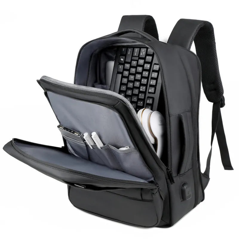 Black waterproof Oxford cloth backpack with Derm leather detailing and curved shoulder straps