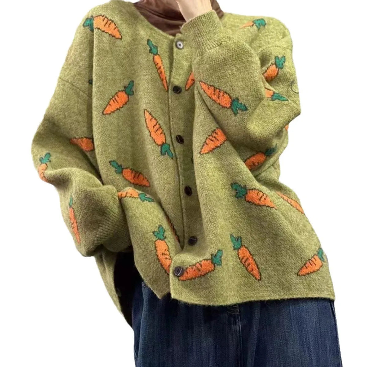 Round neck loose casual cardigan with Mori artistic printing and colour contrast on viscose fabric