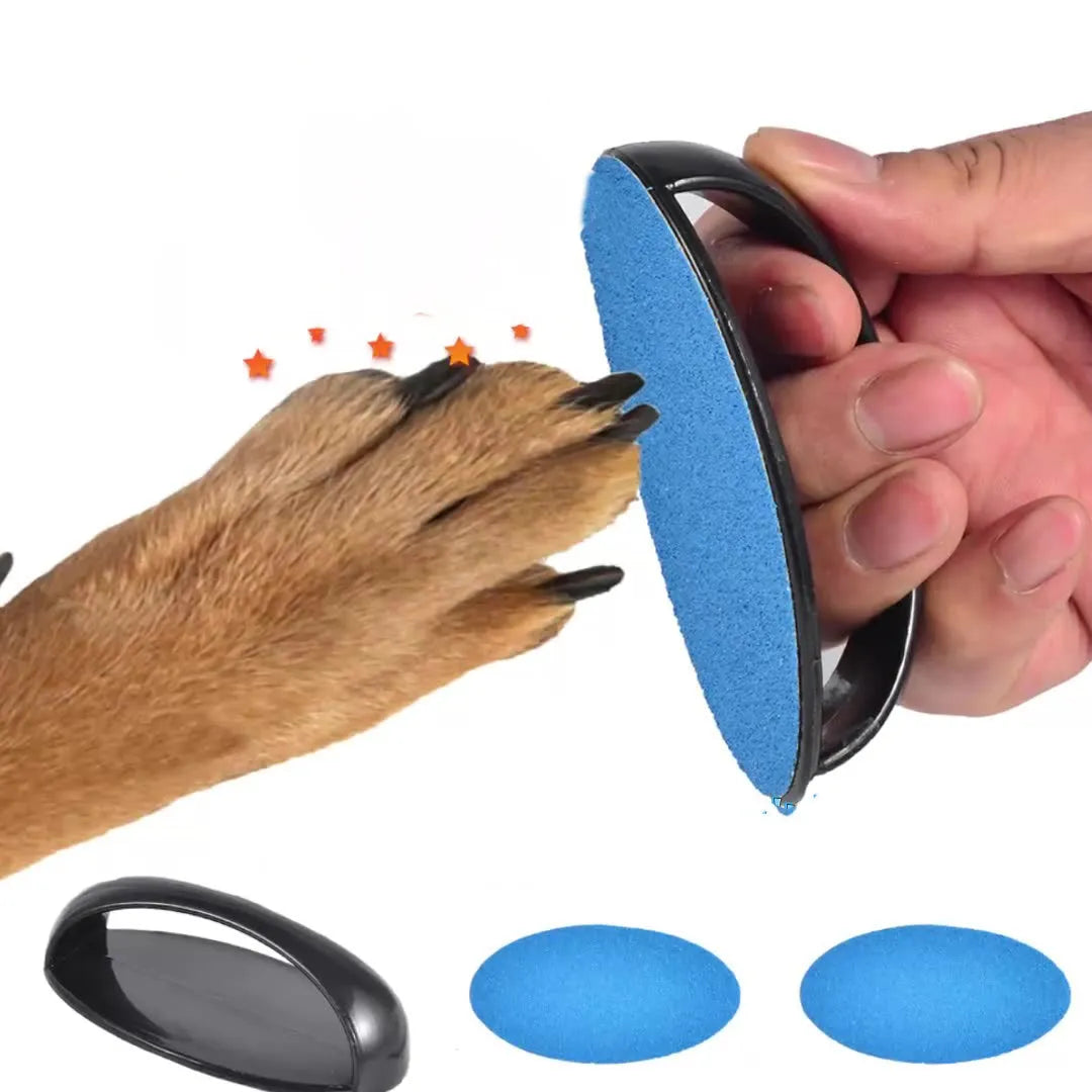 Square dog nail scratch board with ergonomic handle in one of four colours, showing replaceable sandpaper pad.