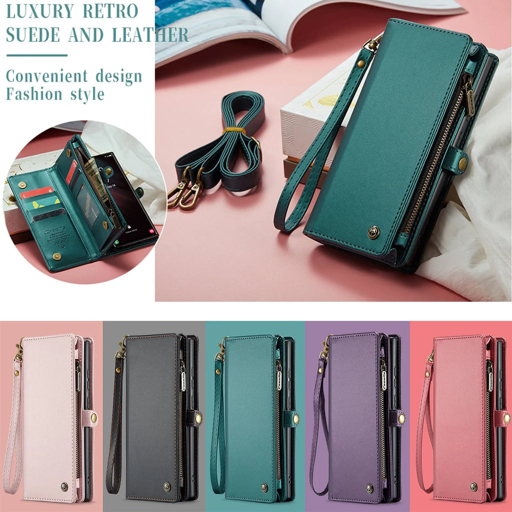 Wallet phone case in black imitation leather with card slots, bracket, and lanyard, designed for iPhone 12 to 15 series