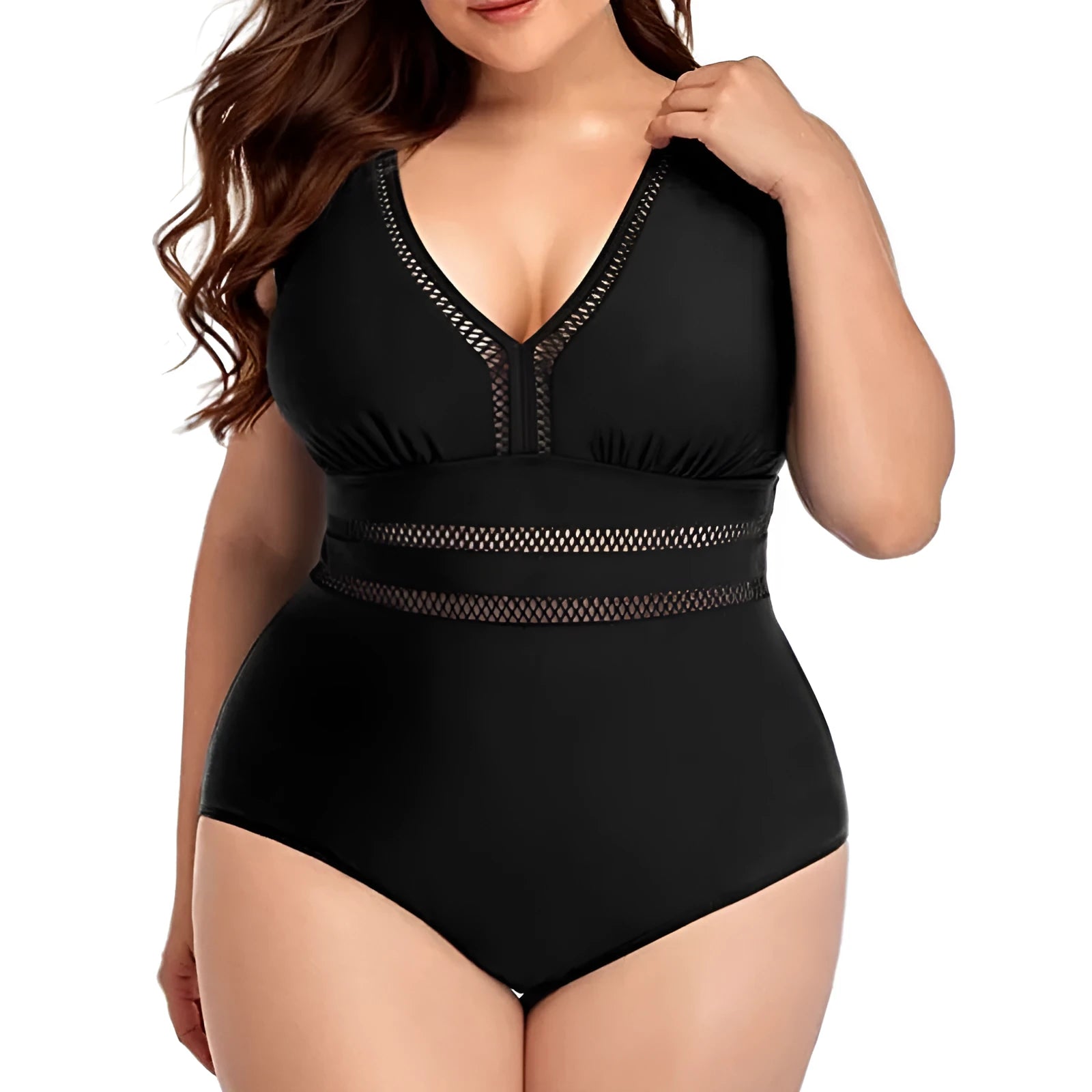 Black printed plus size women's bikini swimsuit with mesh stitching detail.