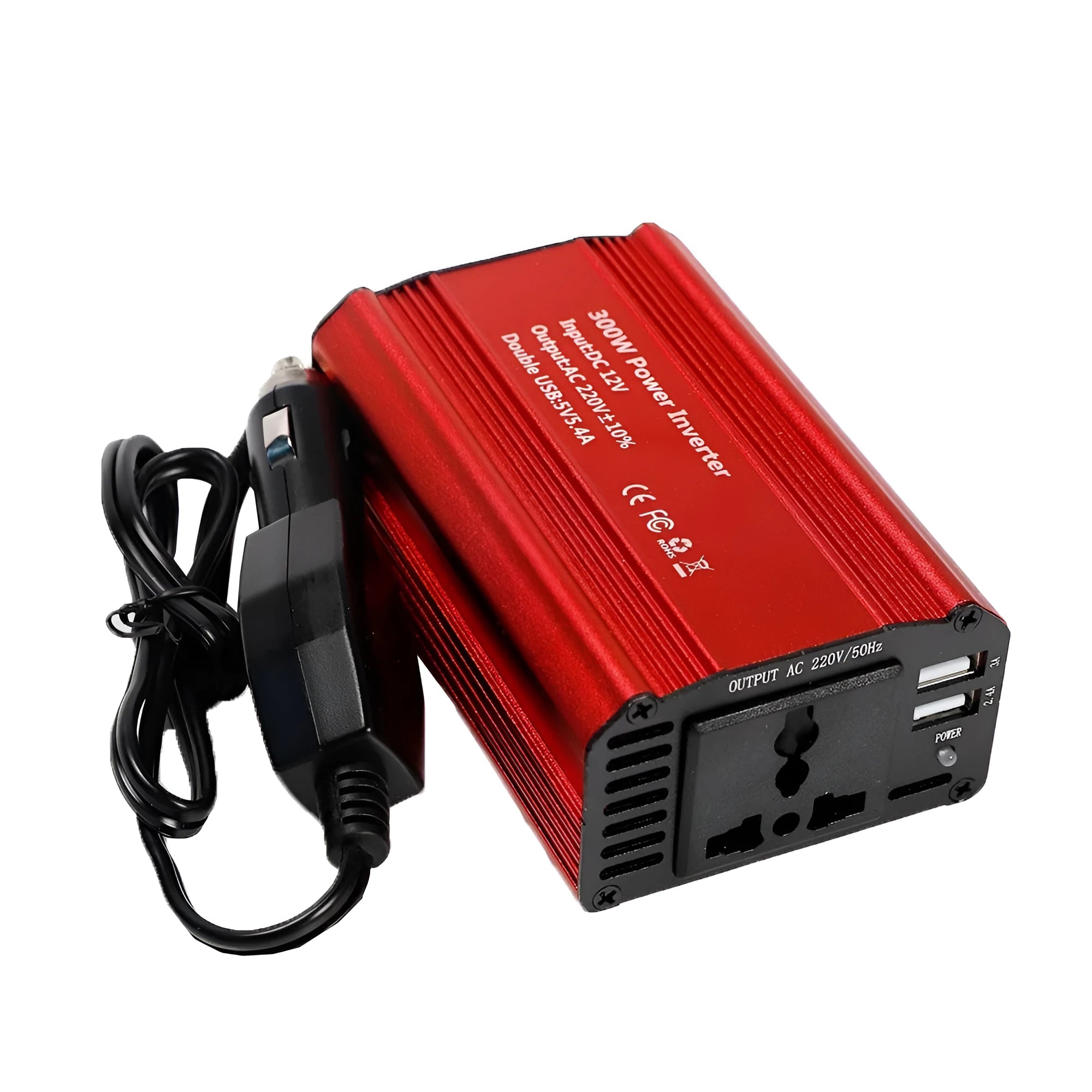 FM300X 300W modified wave car inverter with aluminium alloy shell, dual USB ports, and indicator light