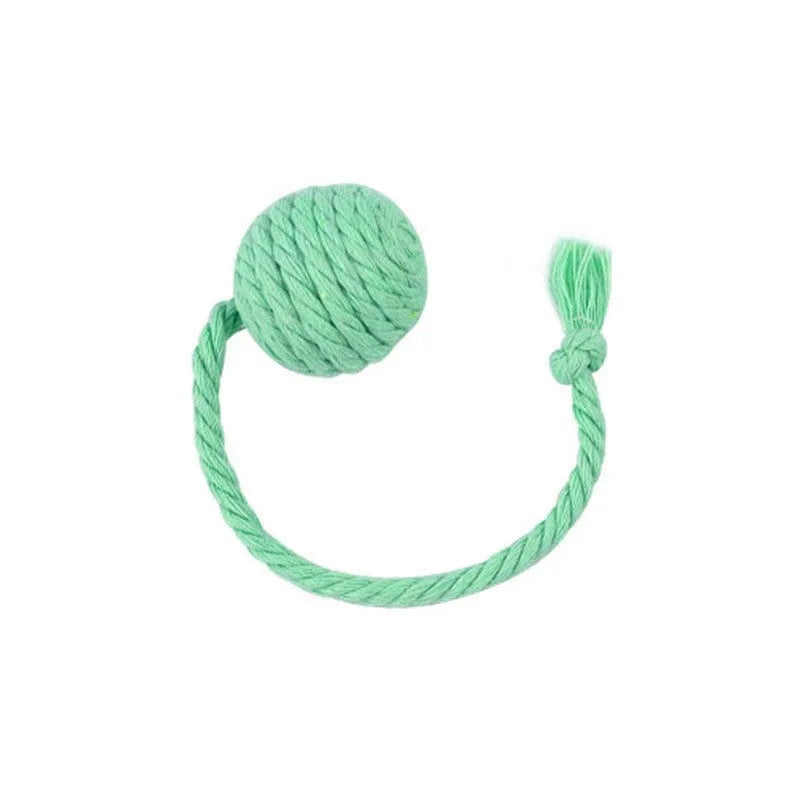 Colourful cat toy ball with rope attachment and built-in bell for interactive pet play