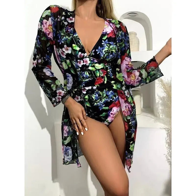 Women's floral pattern bikini and mesh coat three-piece swimsuit set in various colours.