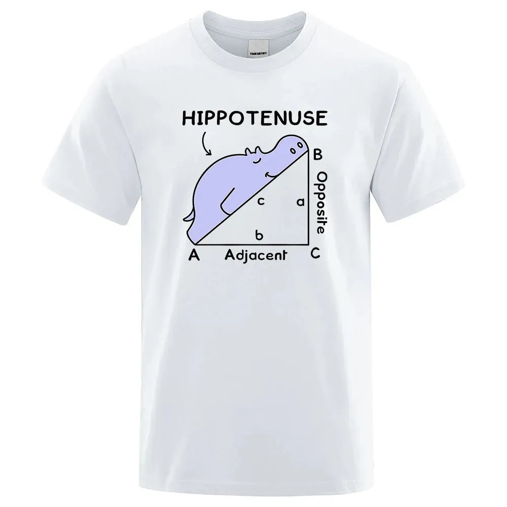 Humorous Hippotenuse Opposite Adjacent graphic printed on a loose-fit cotton T-shirt.