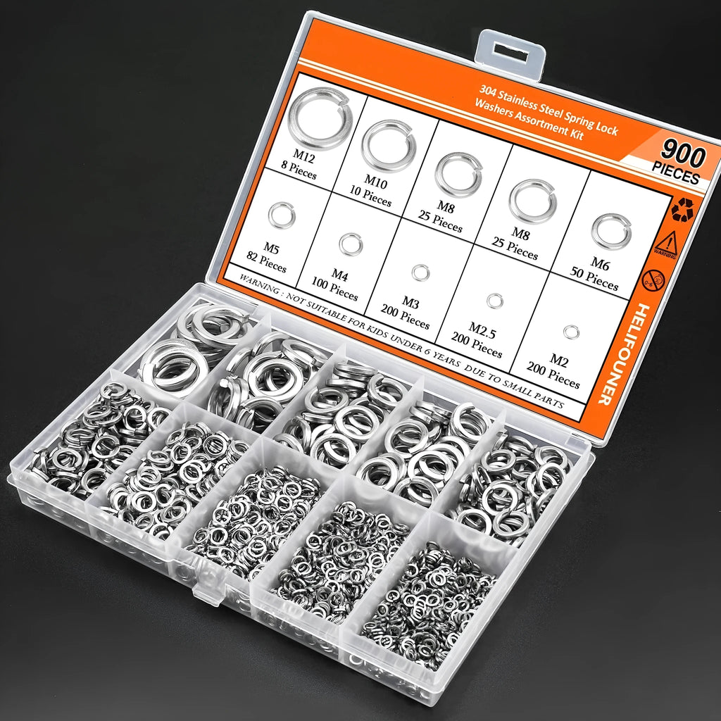 Open box showing assortment of small, silver 304 stainless steel spring lock washers in organised compartments.