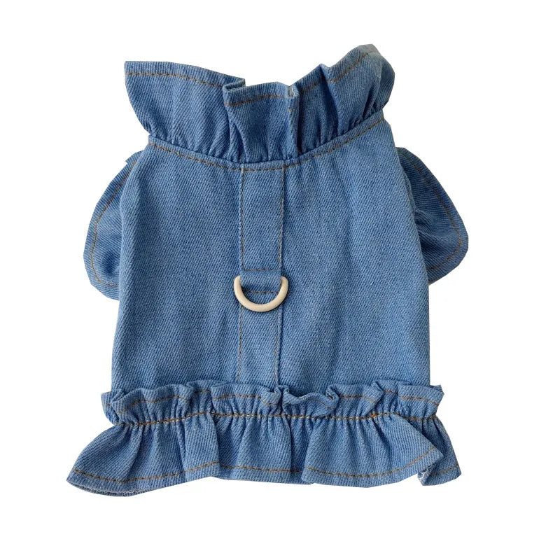 Blue denim dog dress with ruffles and built-in leash hook harness on chest and back
