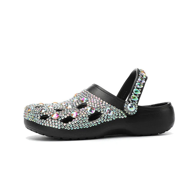 Black platform rhinestone hole shoes for women with EVA upper and injection-moulded sole, sizes 36-48