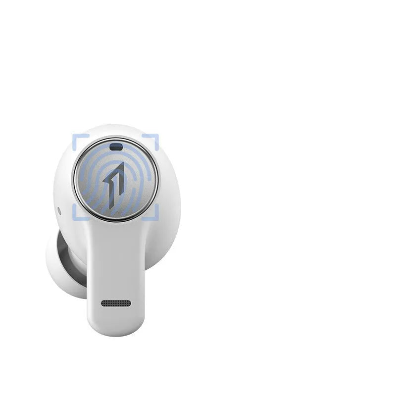 Pearl white and black true wireless Bluetooth sports headphones with USB charging cable.