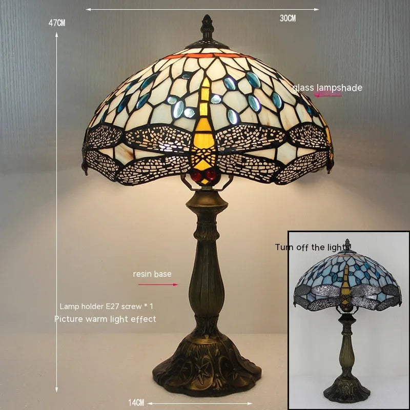 Stone Tiffany-style table lamp with dragonfly design in European retro style