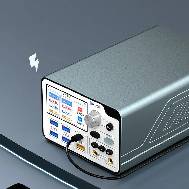 Front view of the 320W intelligent power supply meter with its 3-inch colour display and aluminium casing.