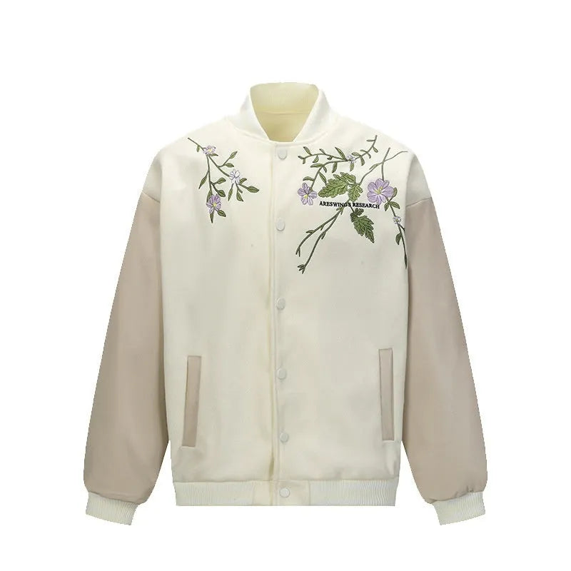 Men's American retro solid colour polyester coat with plant flower embroidery, loose fit, side seam pockets, available in black and apricot
