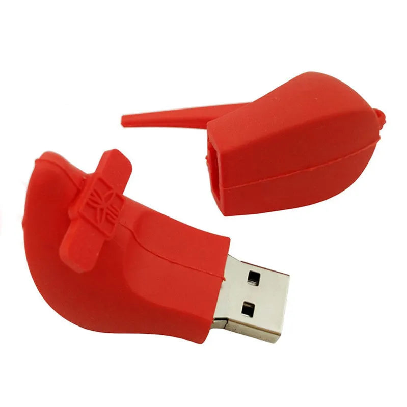 Red PVC USB flash drive with push-pull connector showing 16GB capacity