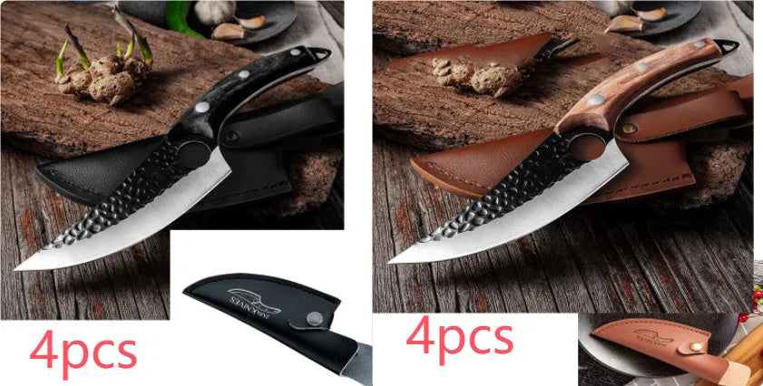 Butcher knife set with small curved scimitar and boning knife in leather sheath