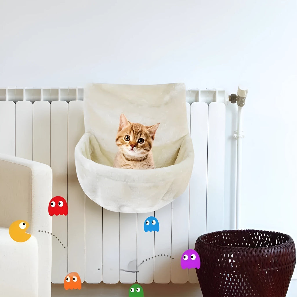 Grey iron frame cat hammock with fleece cloth sleeping surface.