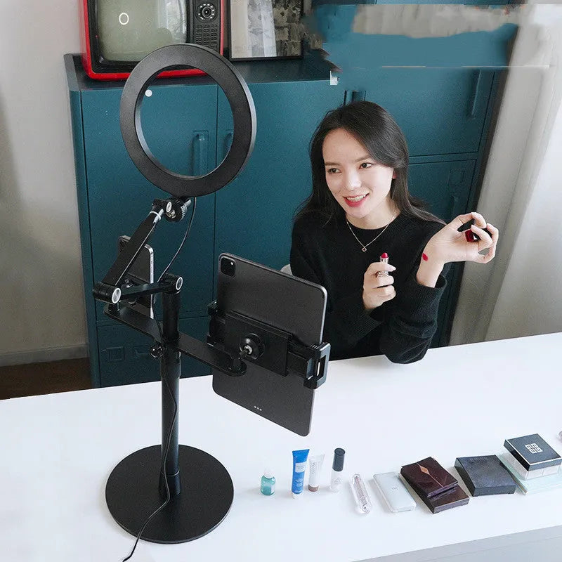 Black mobile phone tablet stand with fill light for live broadcast shooting showing folding rotation design