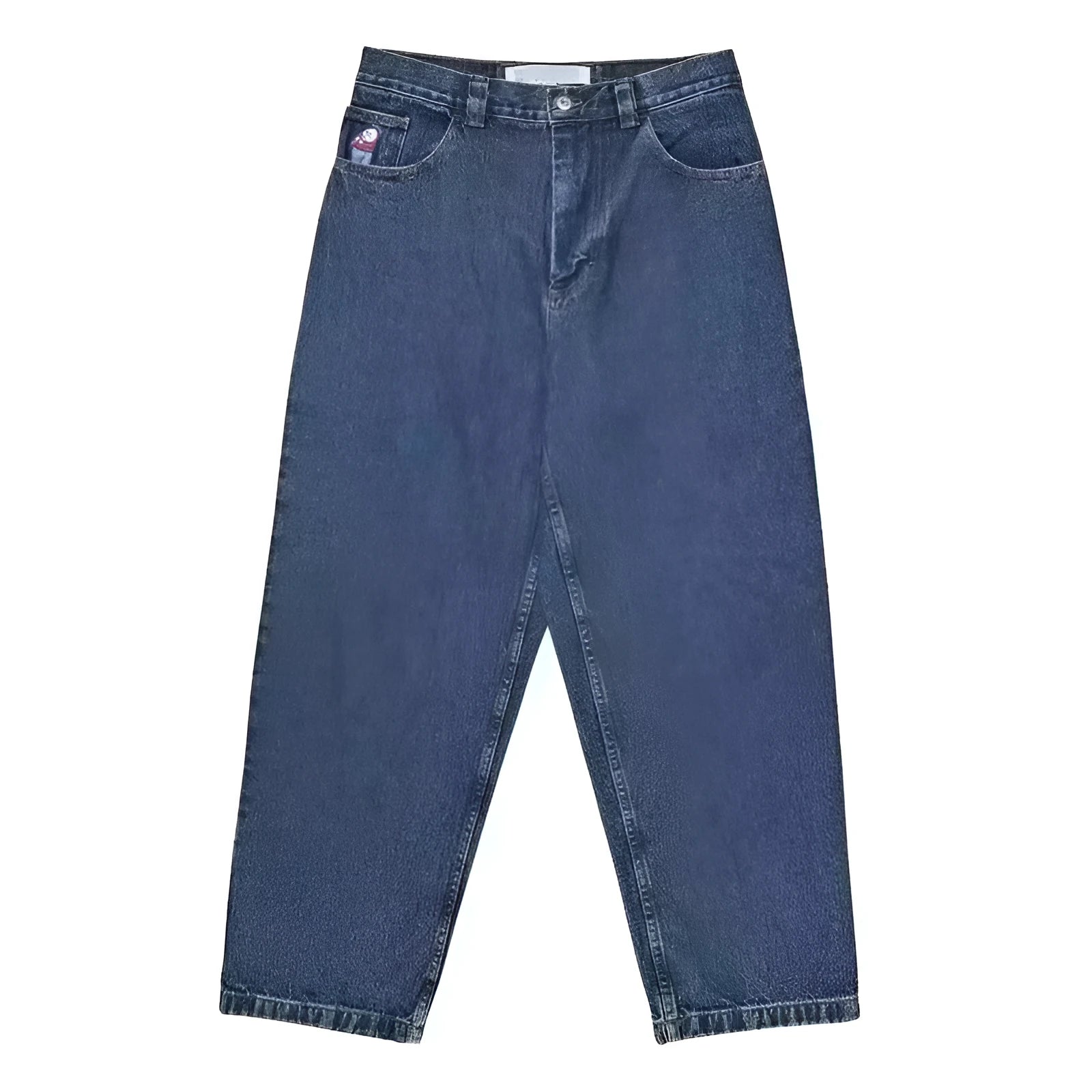Men's straight-leg denim trousers with retro printed patterns in dark blue, available in multiple sizes