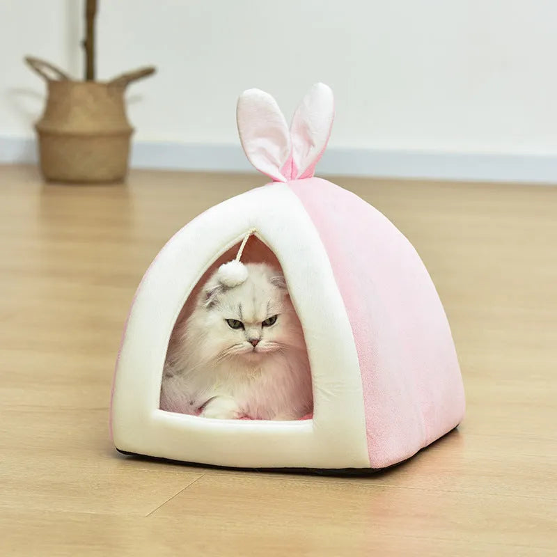 Rabbit ear Mongolian nest pet bed in arctic velvet and PP cotton, grey and pink, sizes S to XL