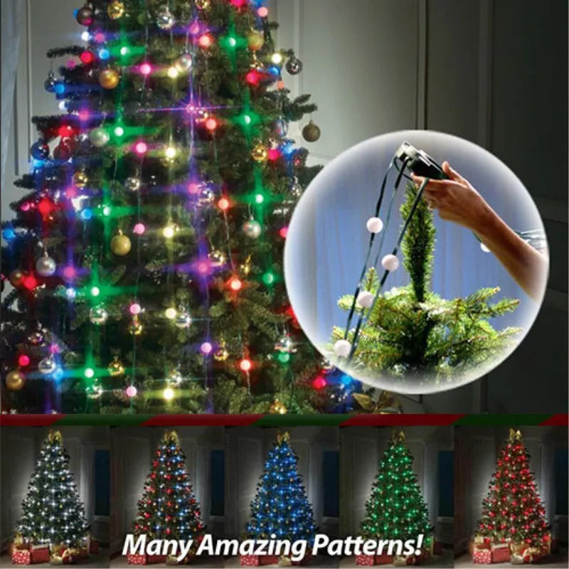 1.8 metre long Christmas tree light string with 64 colour-changing LED lights and a control button.