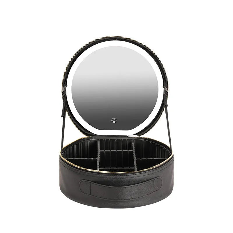 Round Cherry Blossom Pink LED makeup bag with mirror open, showing internal compartments and adjustable lights.