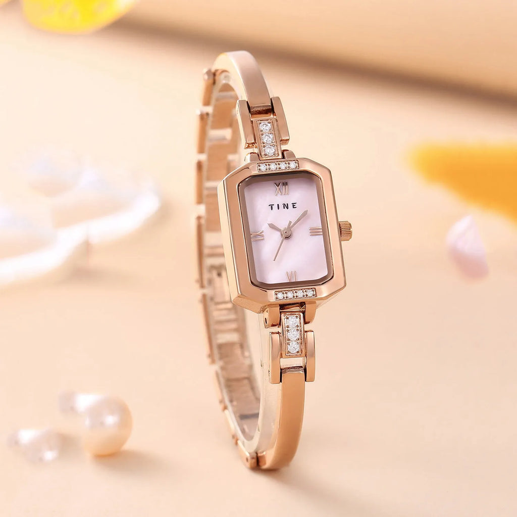Women's fashion bracelet watch with alloy band, stainless steel buckle, 23mm case, and round or square dial.