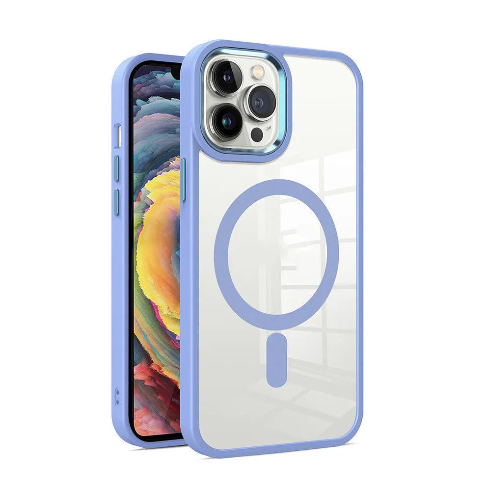 Magnetic transparent silicone phone case for iPhone on a MagSafe charger, showing clear back and coloured bumper.