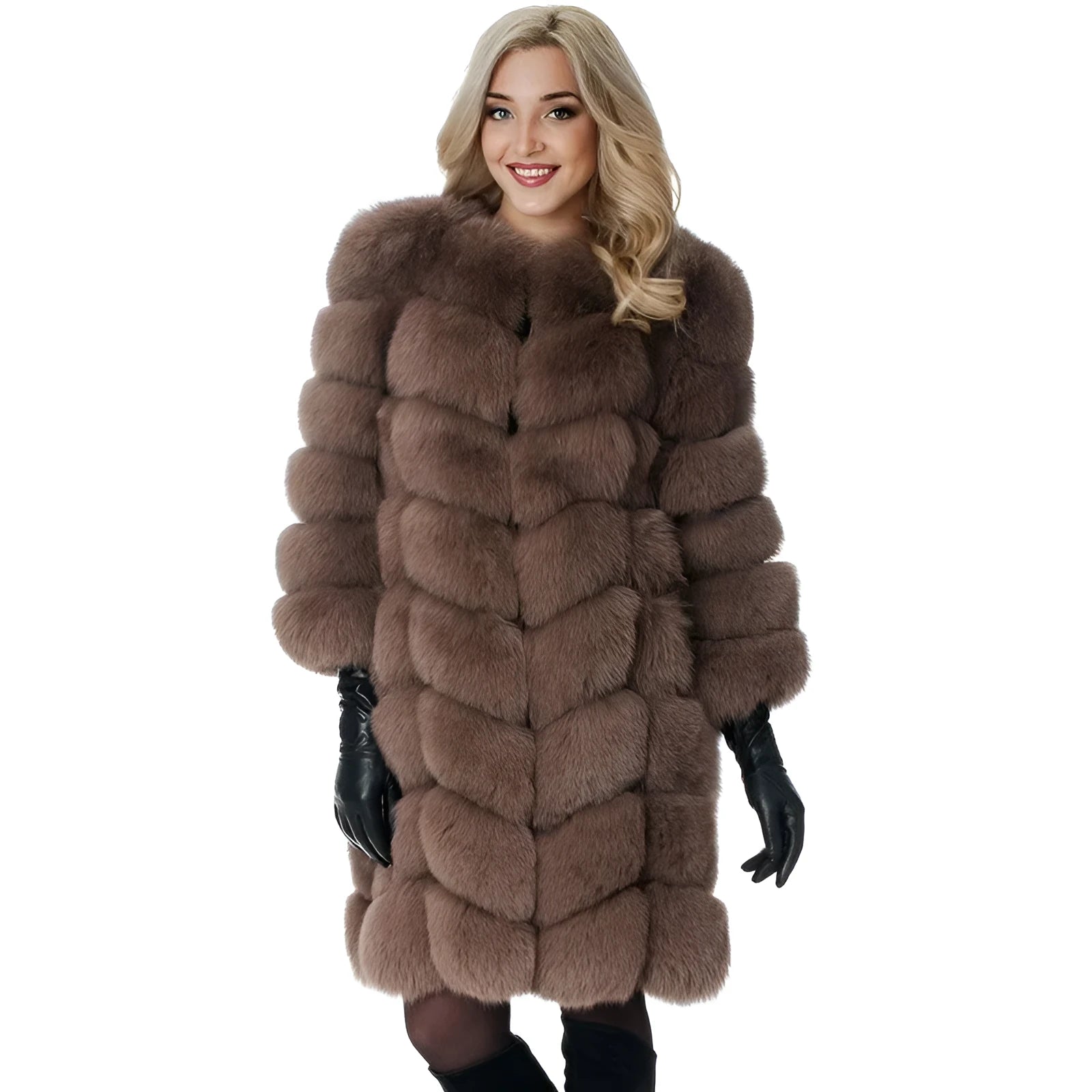 Women's long artificial fur coat in dark camel colour with regular sleeves.