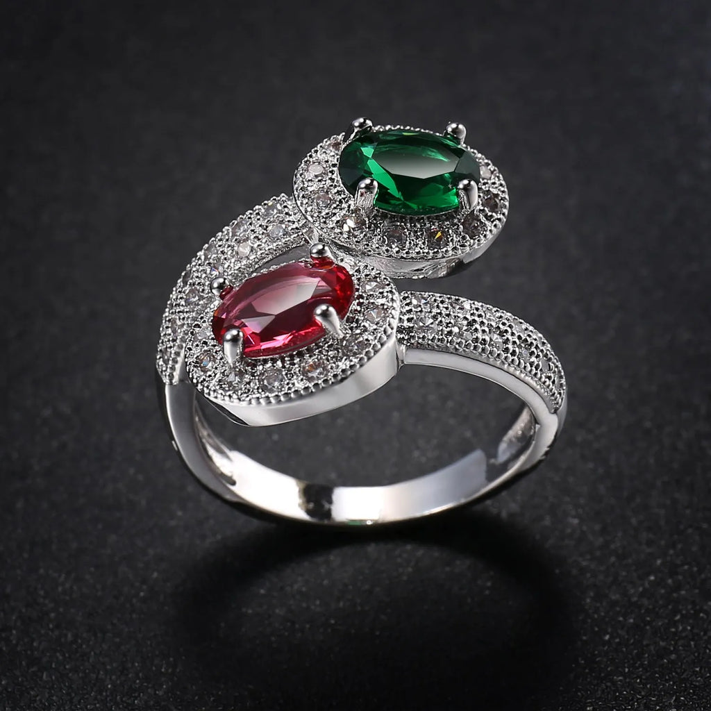 Fashion copper ring for women with zircon stones in rose jade colour, shown on hand
