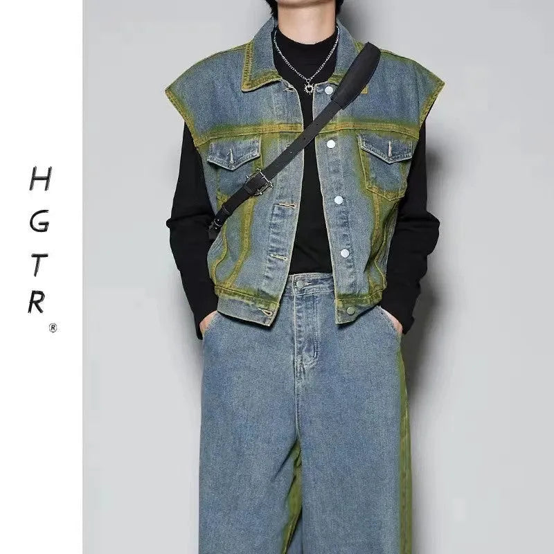 Distressed blue vest and jeans two-piece suit with spray colour gradient and fleece lining