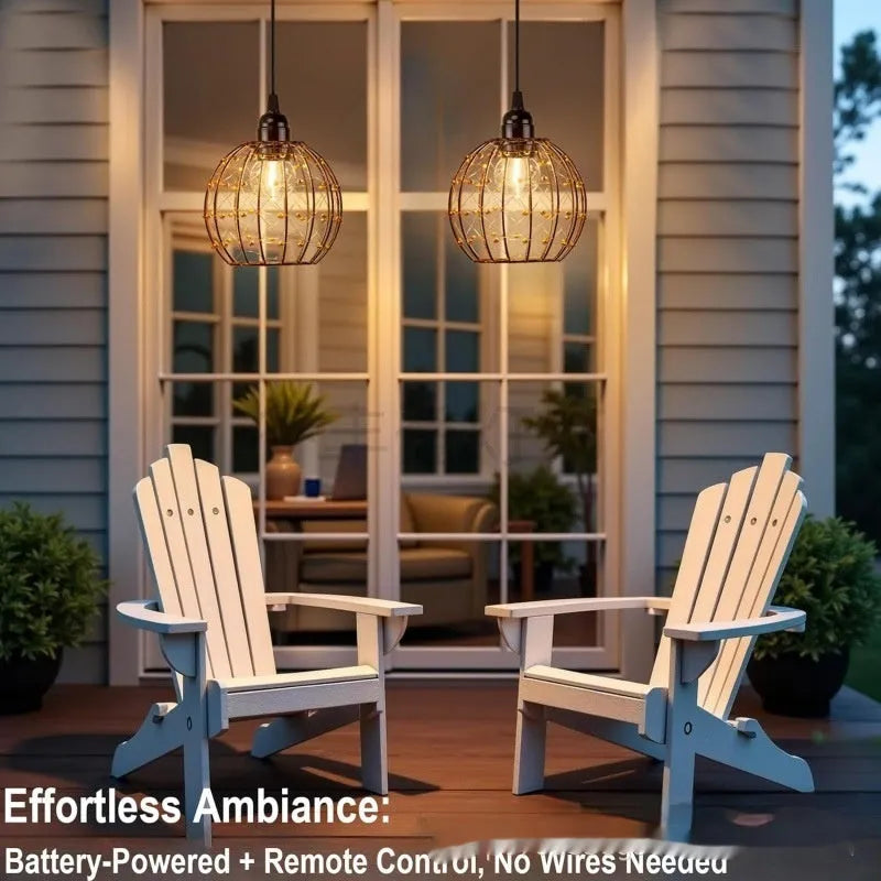 American style outdoor LED chandelier with battery box, shown with remote control option.