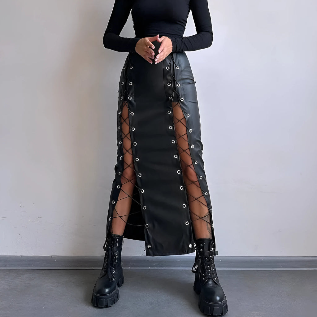 Women's PU leather pencil skirt in black with side slit and lace-up front detail