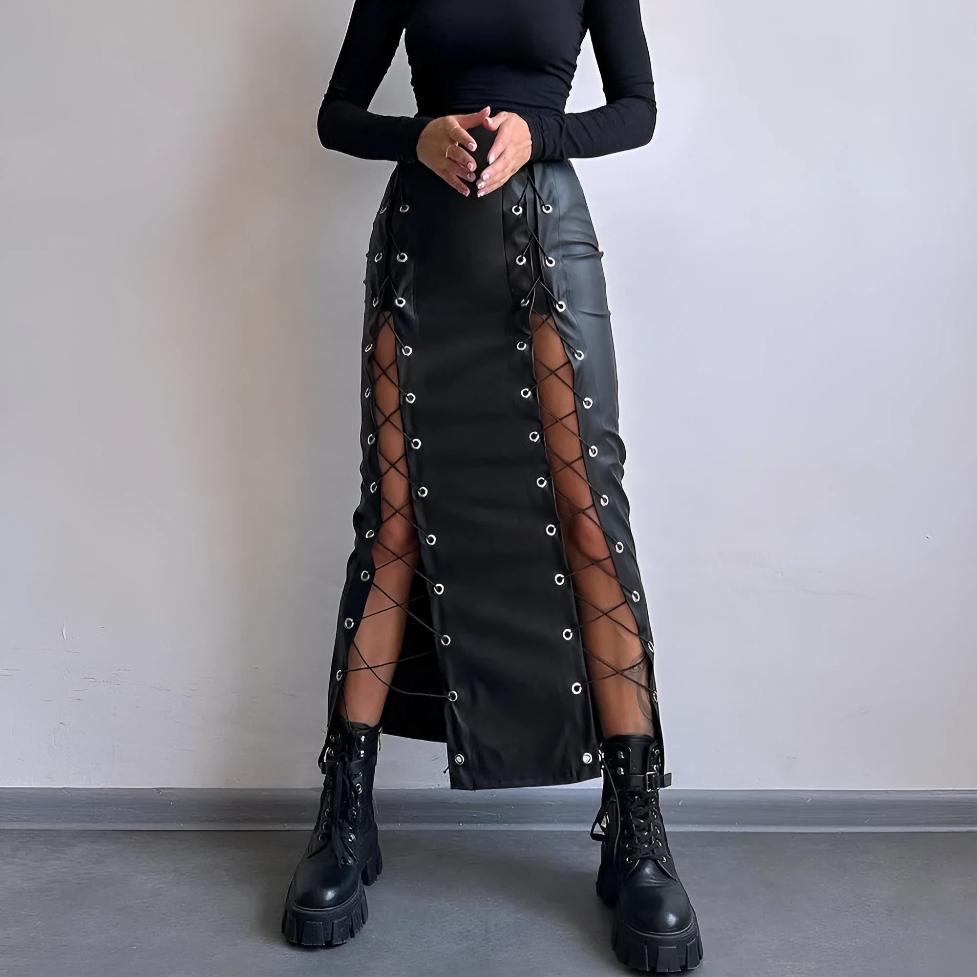 Women's PU leather pencil skirt in black with side slit and lace-up front detail