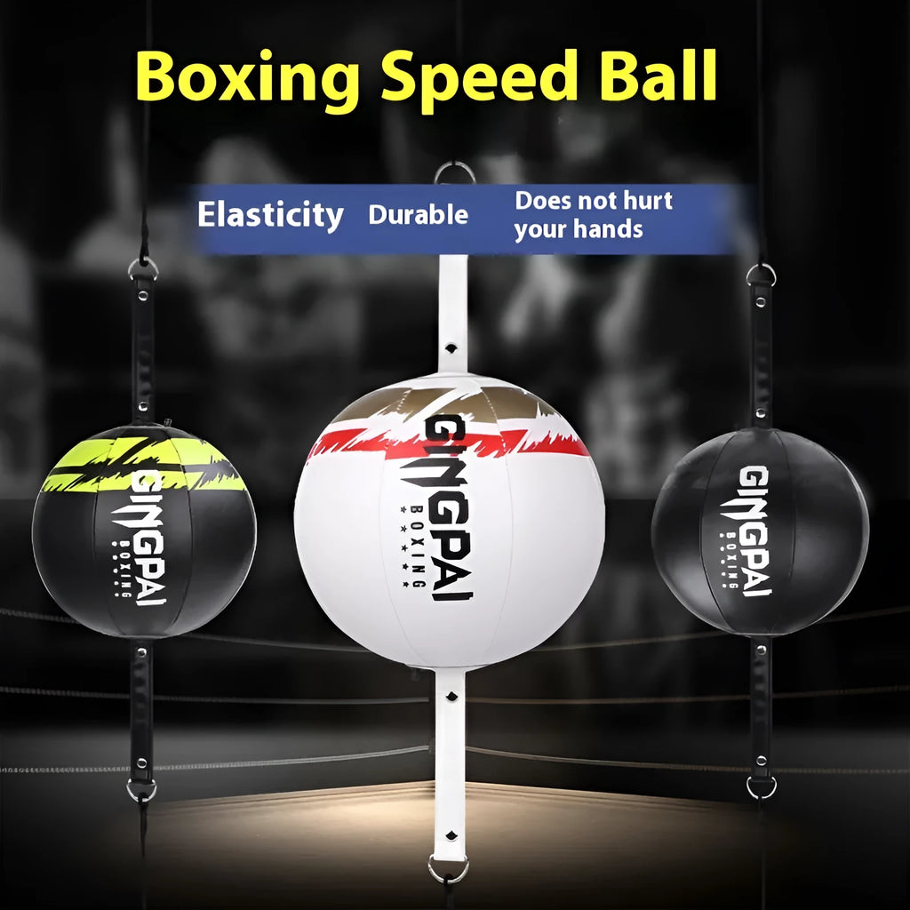 A black, black and green, or white PU leather hanging boxing speed ball for reaction training.