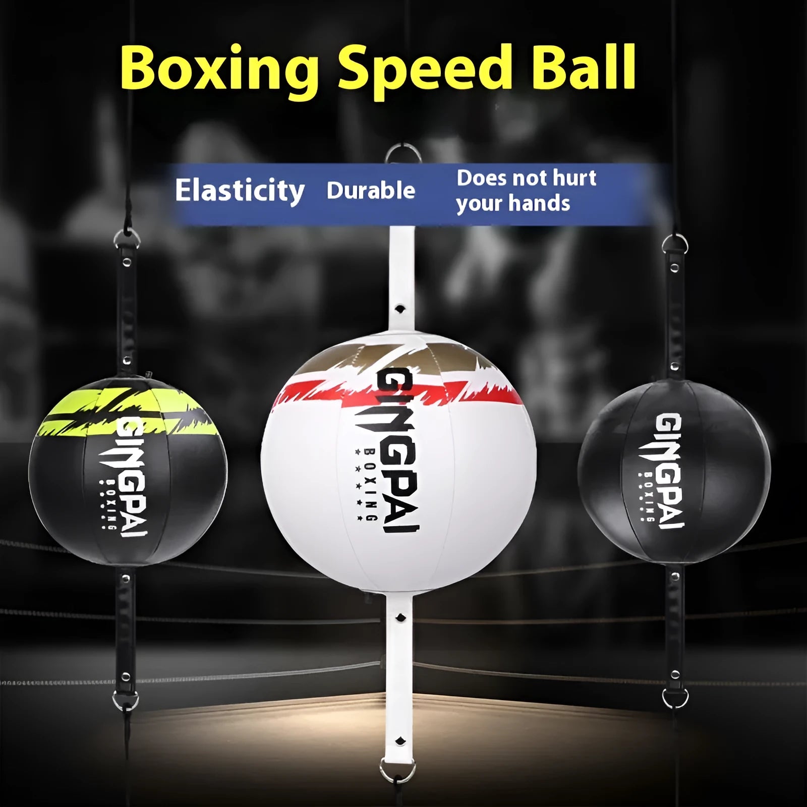 A black, black and green, or white PU leather hanging boxing speed ball for reaction training.