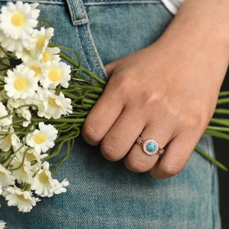 Women's turquoise ethnic style geometric copper ring with oil micro inlaid zircon and rose gold colour