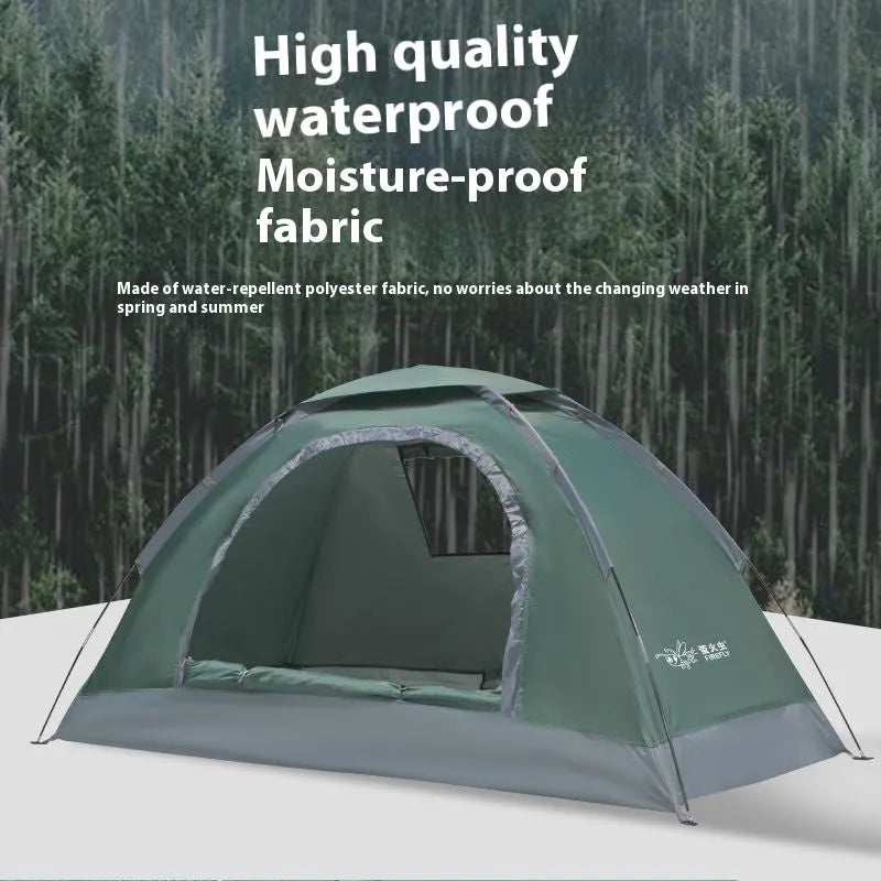 Single-person camping tent in Army Green colour with manual setup poles and compact storage size