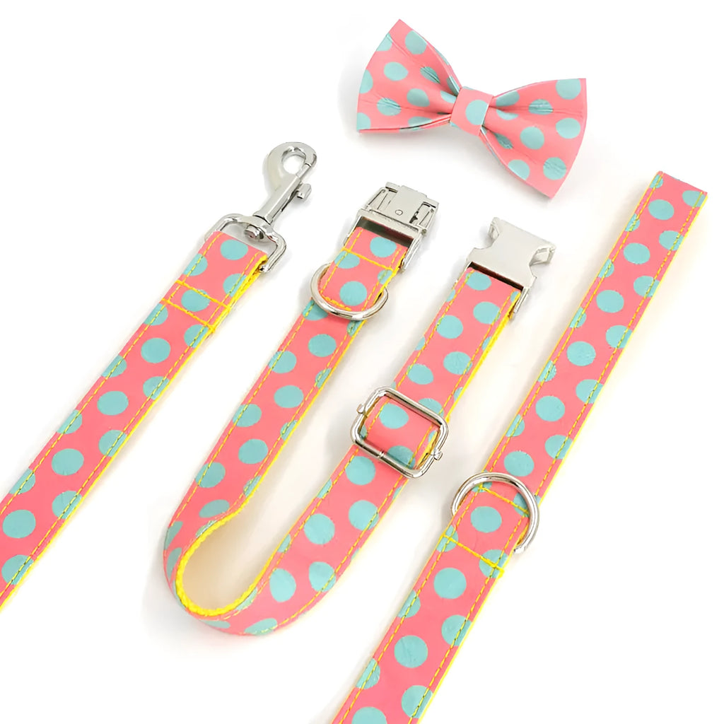 Yellow polka dot dog collar and lead set with bow accents and five size options