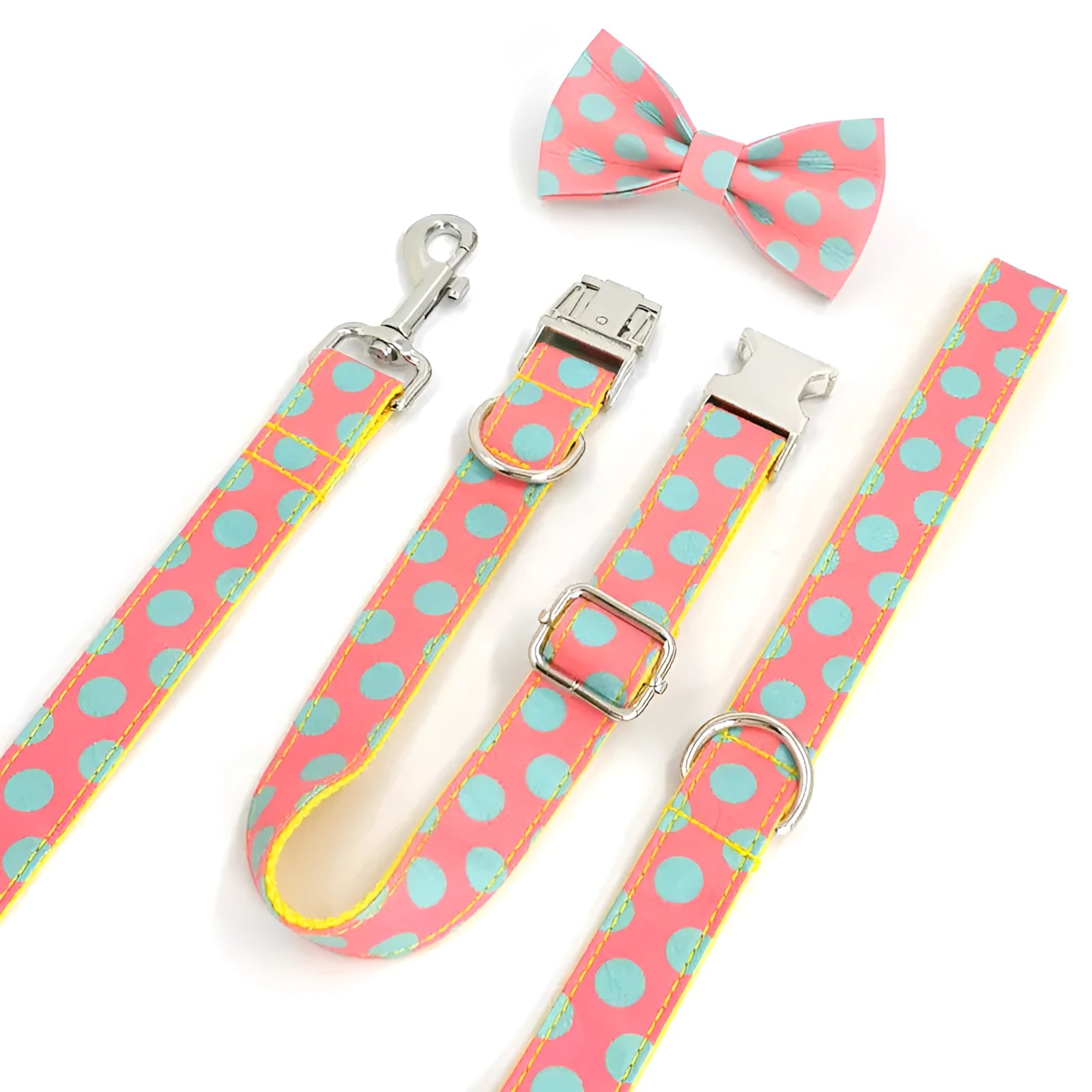 Yellow polka dot dog collar and lead set with bow accents and five size options