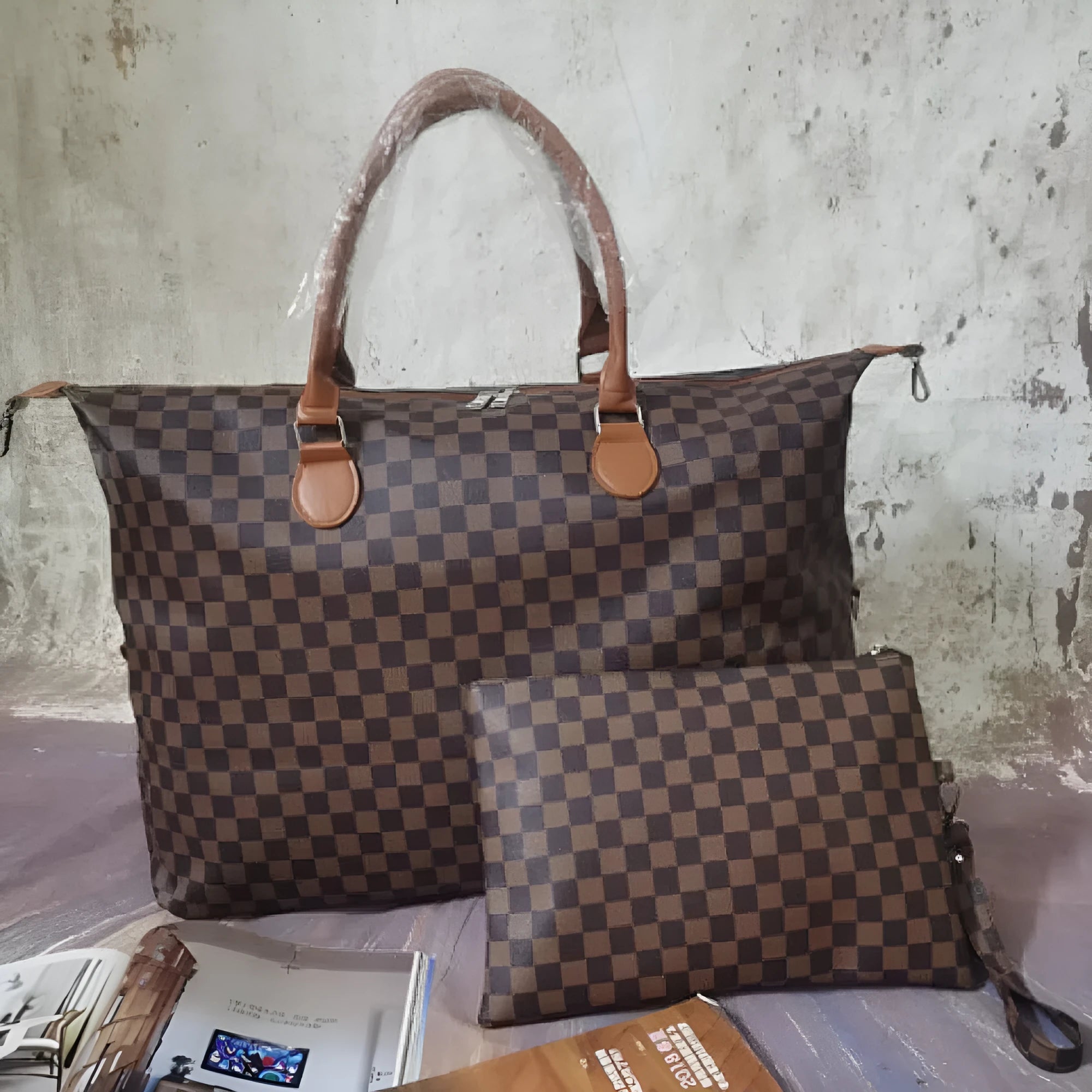 PU leather plaid travel bag set with large bag and detachable small pouch on white background