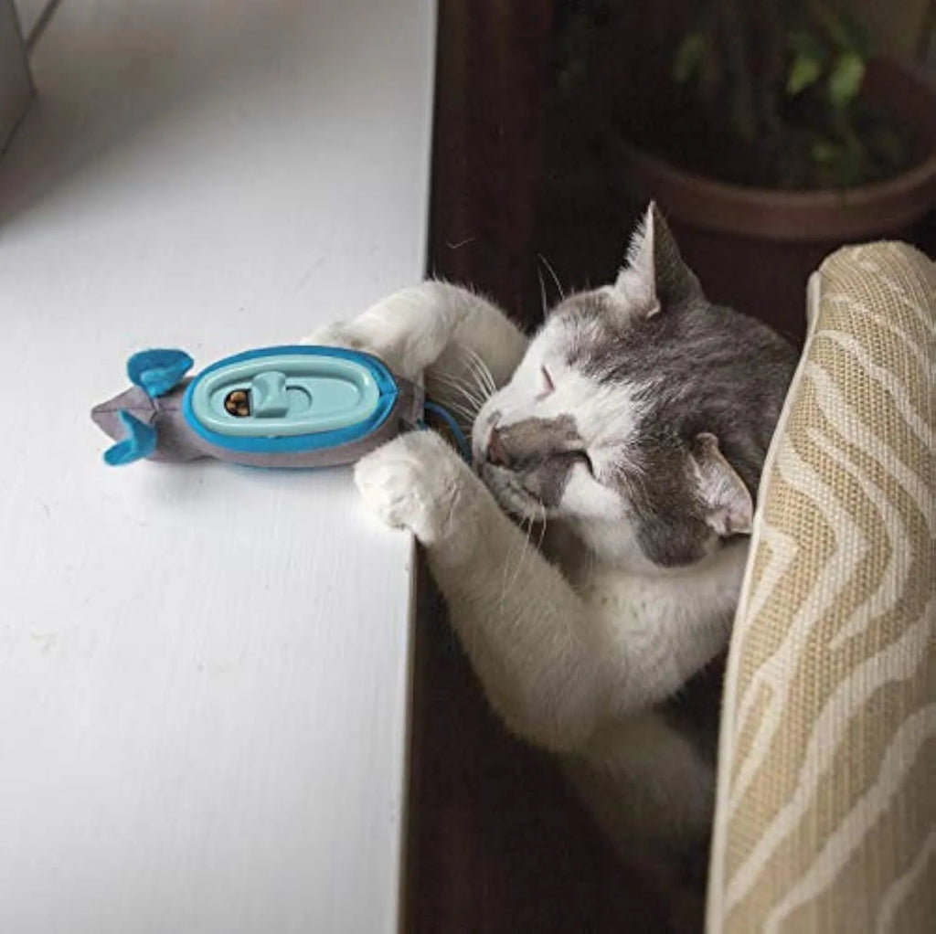 Blue Nteractive Indoor Treat Dispenser Mouse Toy with fabric outer skin and removable inner plastic feeder